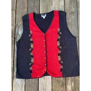 maggie barnes sweater vest black red gold